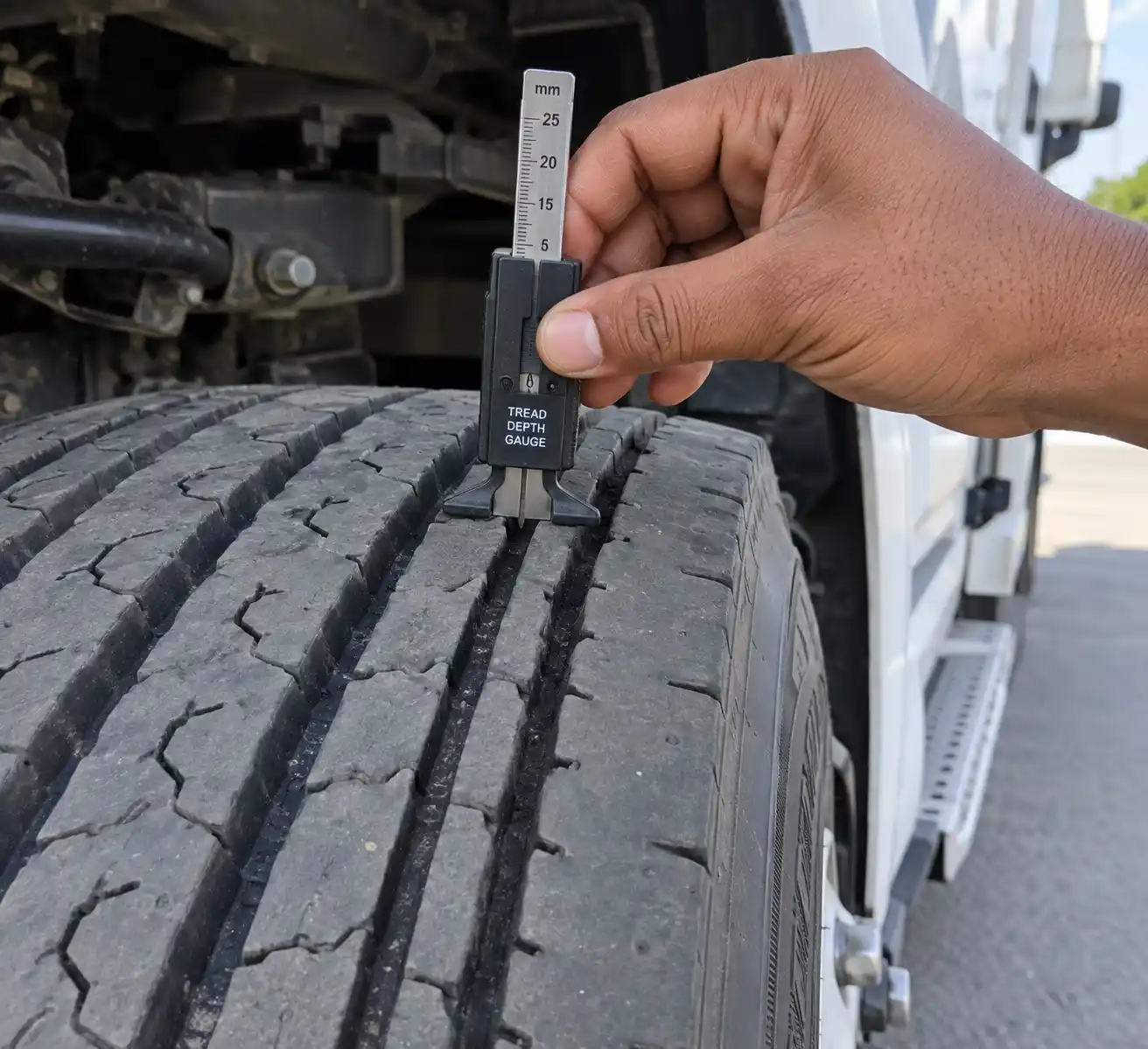 Close-up of a truck steer tire being measured with a tread depth gauge
