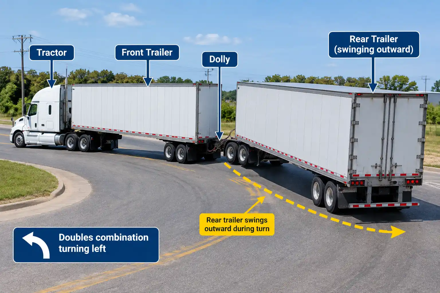 Doubles trailer combination turning with the rear trailer swinging outward