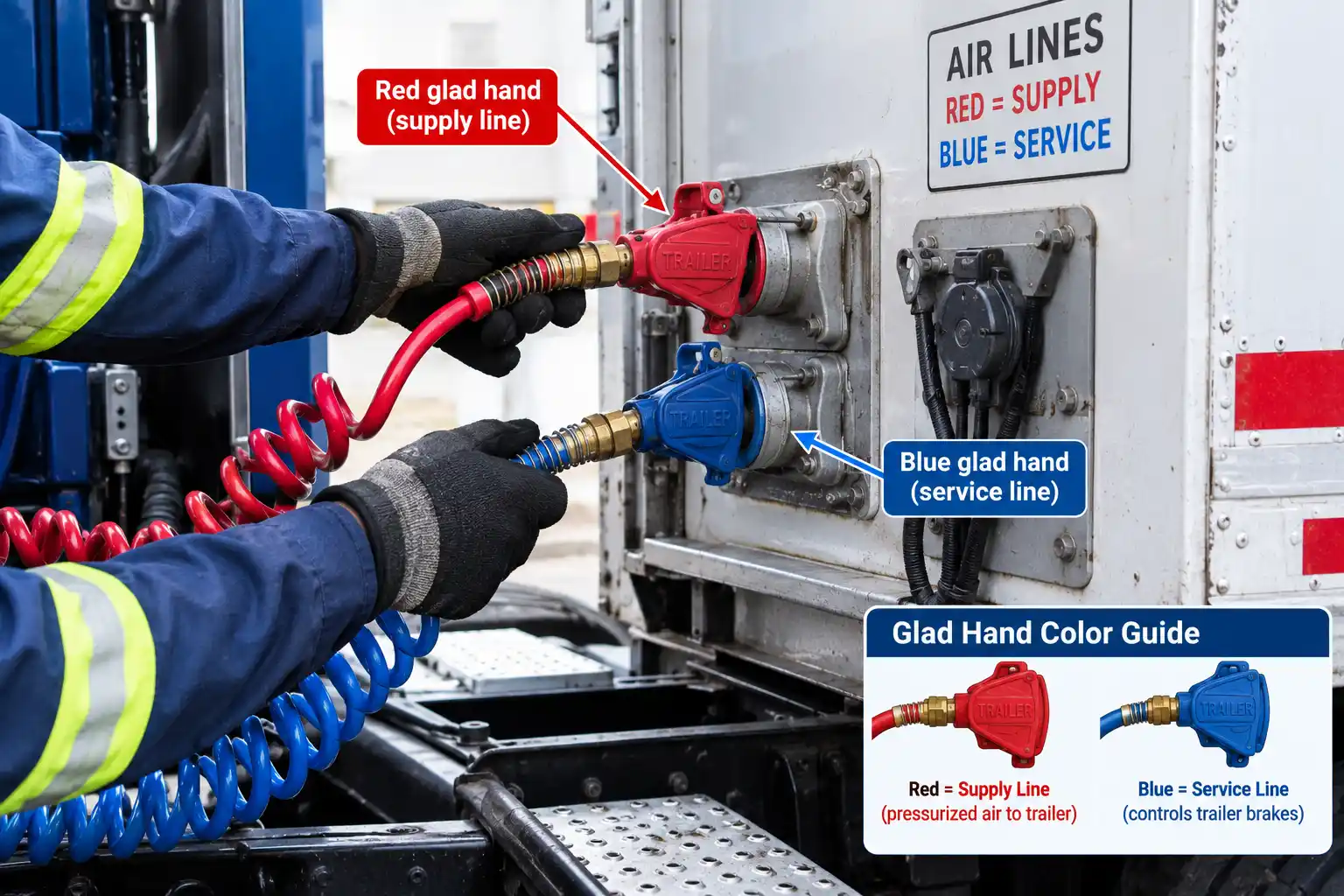 Red and blue glad hands connecting trailer air lines to a tractor