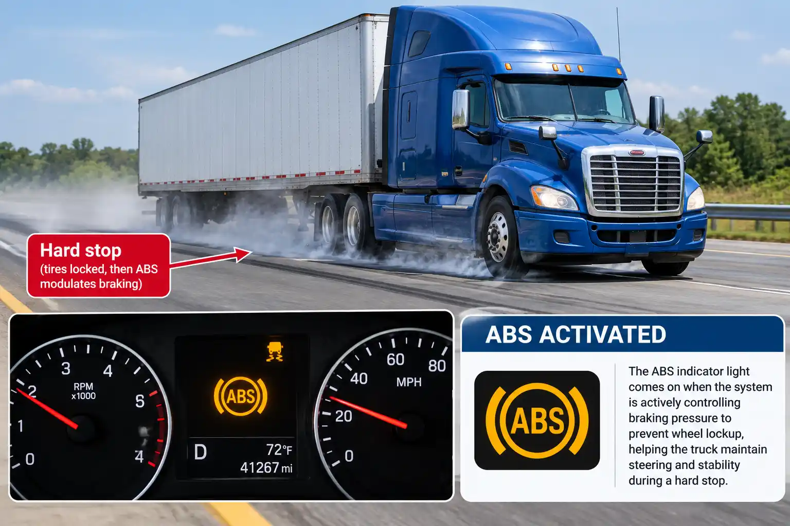Tractor-trailer performing a hard stop with ABS indicator on the dashboard
