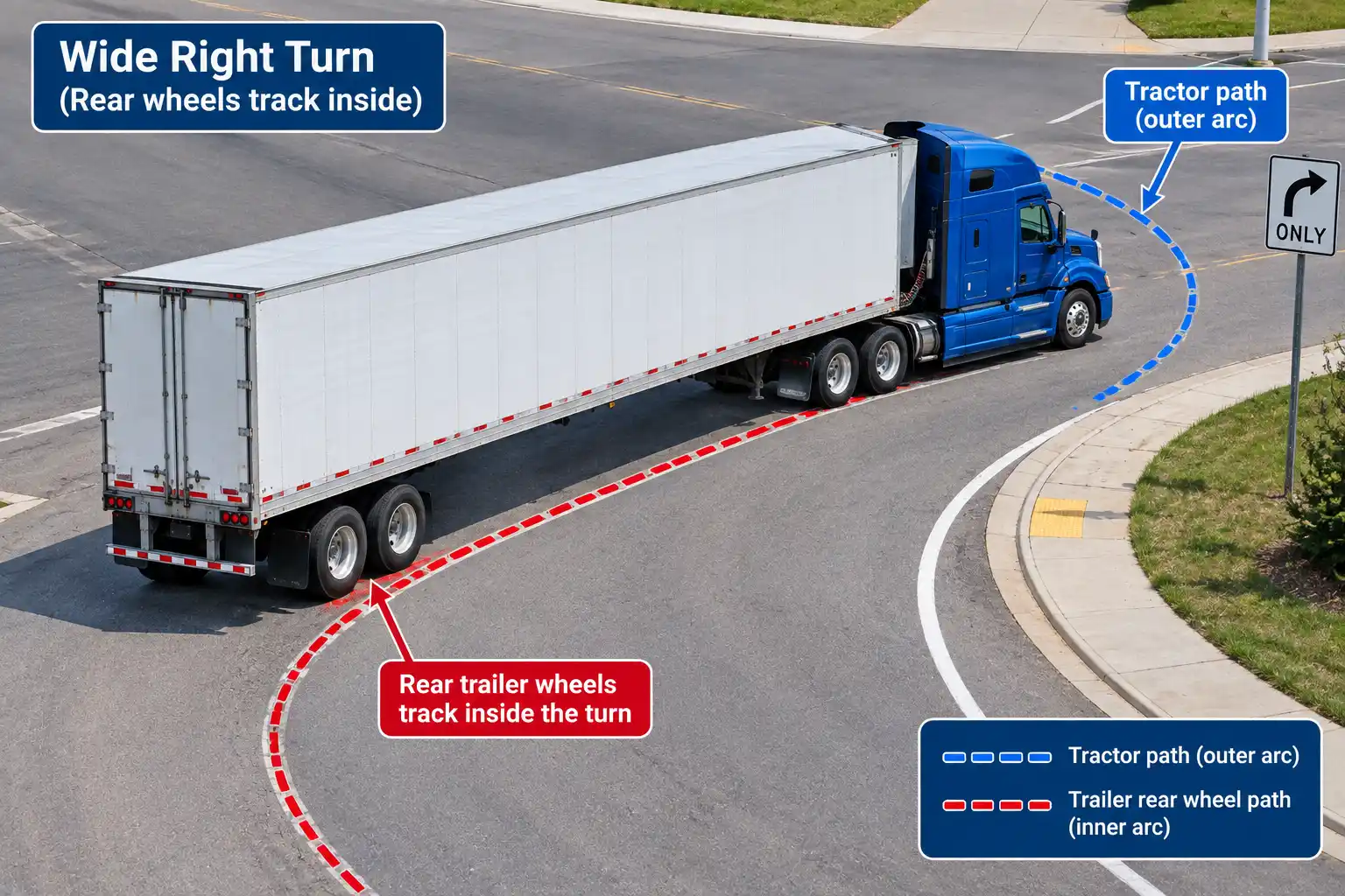 Tractor-trailer making a wide right turn with rear wheels tracking inside the curve