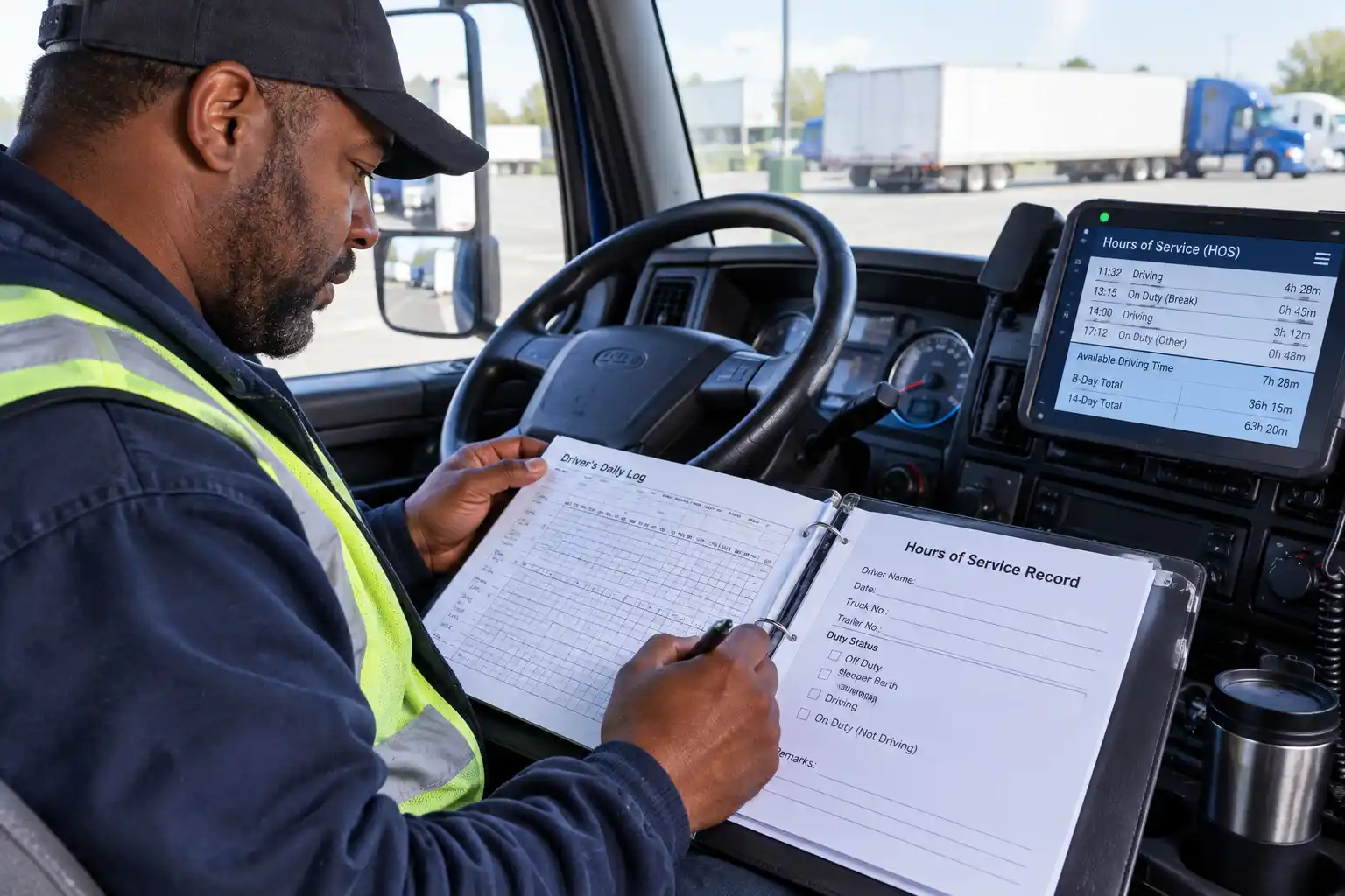 Truck driver reviewing a logbook and hours-of-service records
