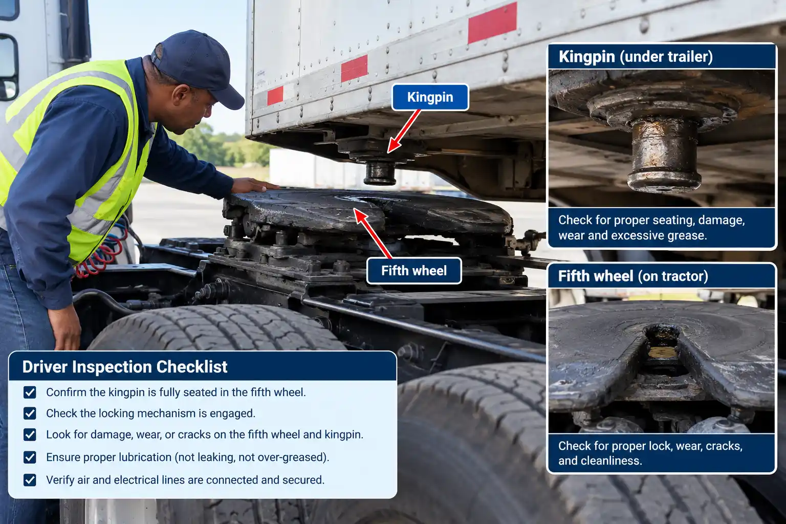 Driver inspecting the fifth wheel and kingpin after coupling a tractor to a trailer
