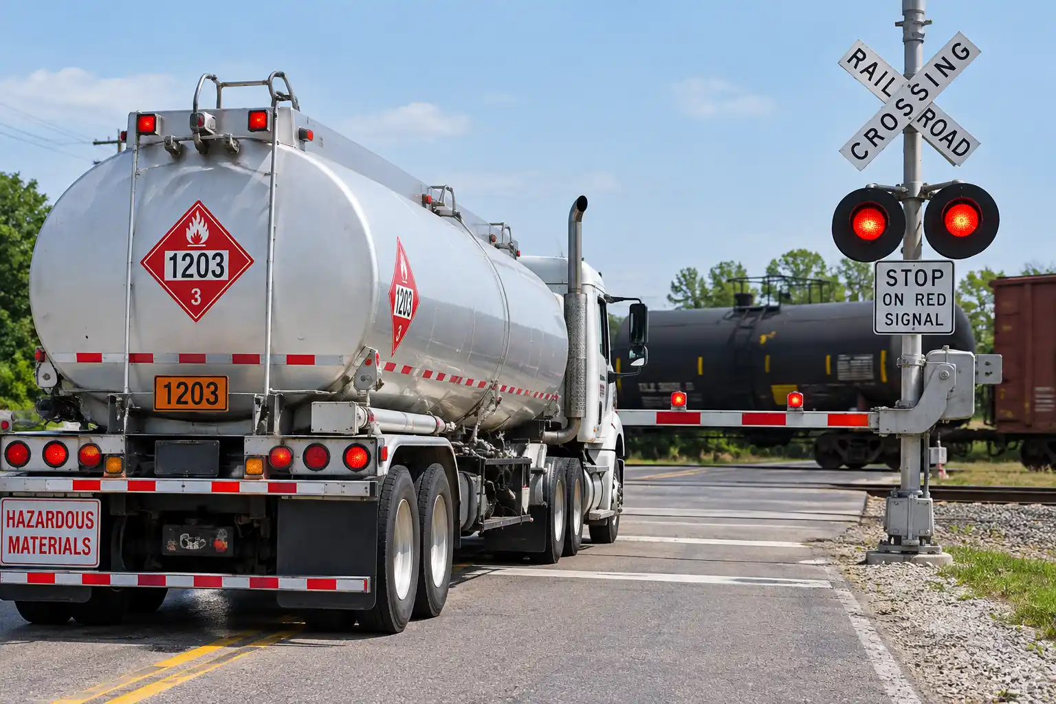 Truck carrying hazardous materials stopped at a railroad crossing