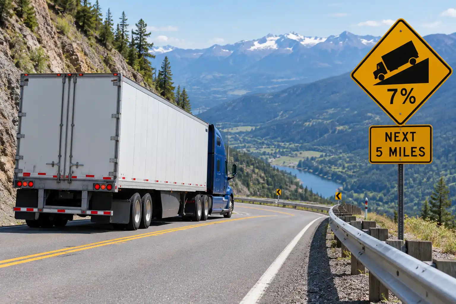 Tractor-trailer descending a steep mountain grade with a warning sign