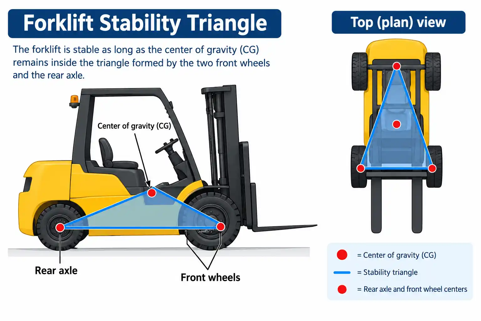 Diagram of the forklift stability triangle between the front wheels and rear axle