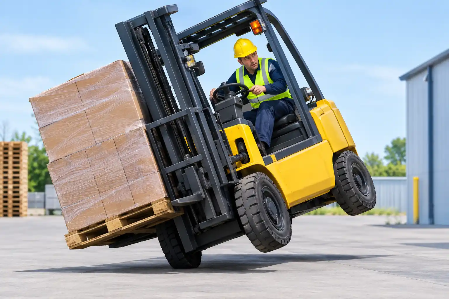 Operator staying seated in a forklift tipping sideways