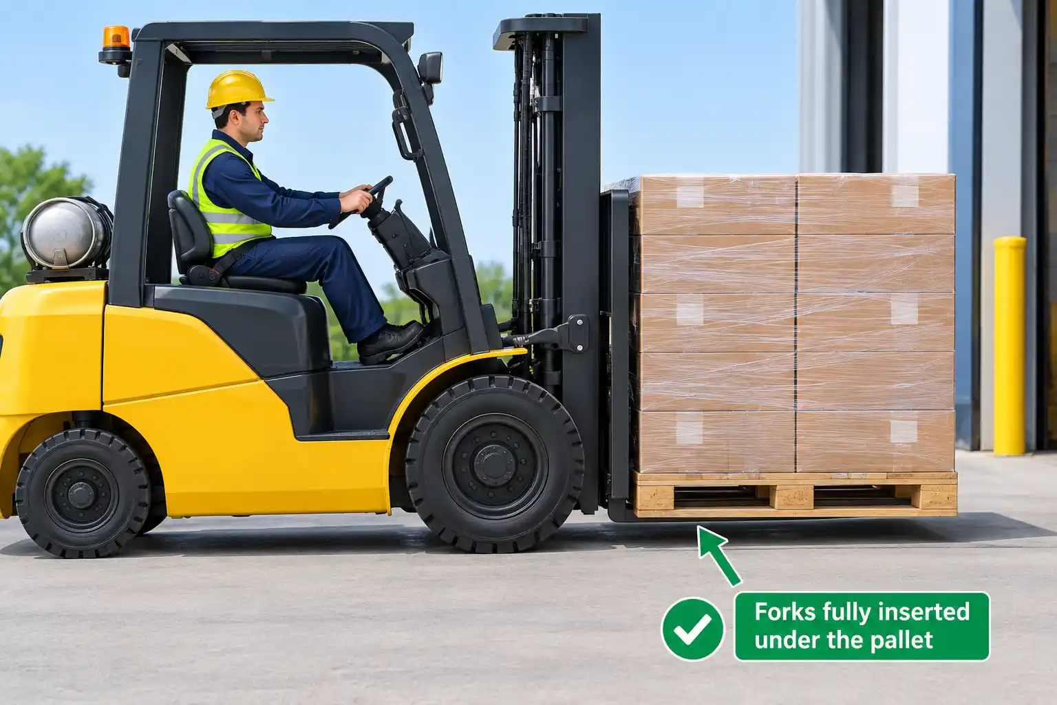 Forklift forks squarely inserted fully under a loaded pallet