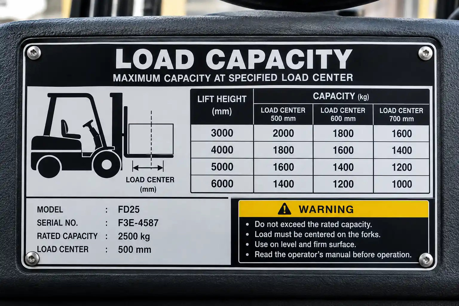 Forklift load capacity data plate on the dashboard