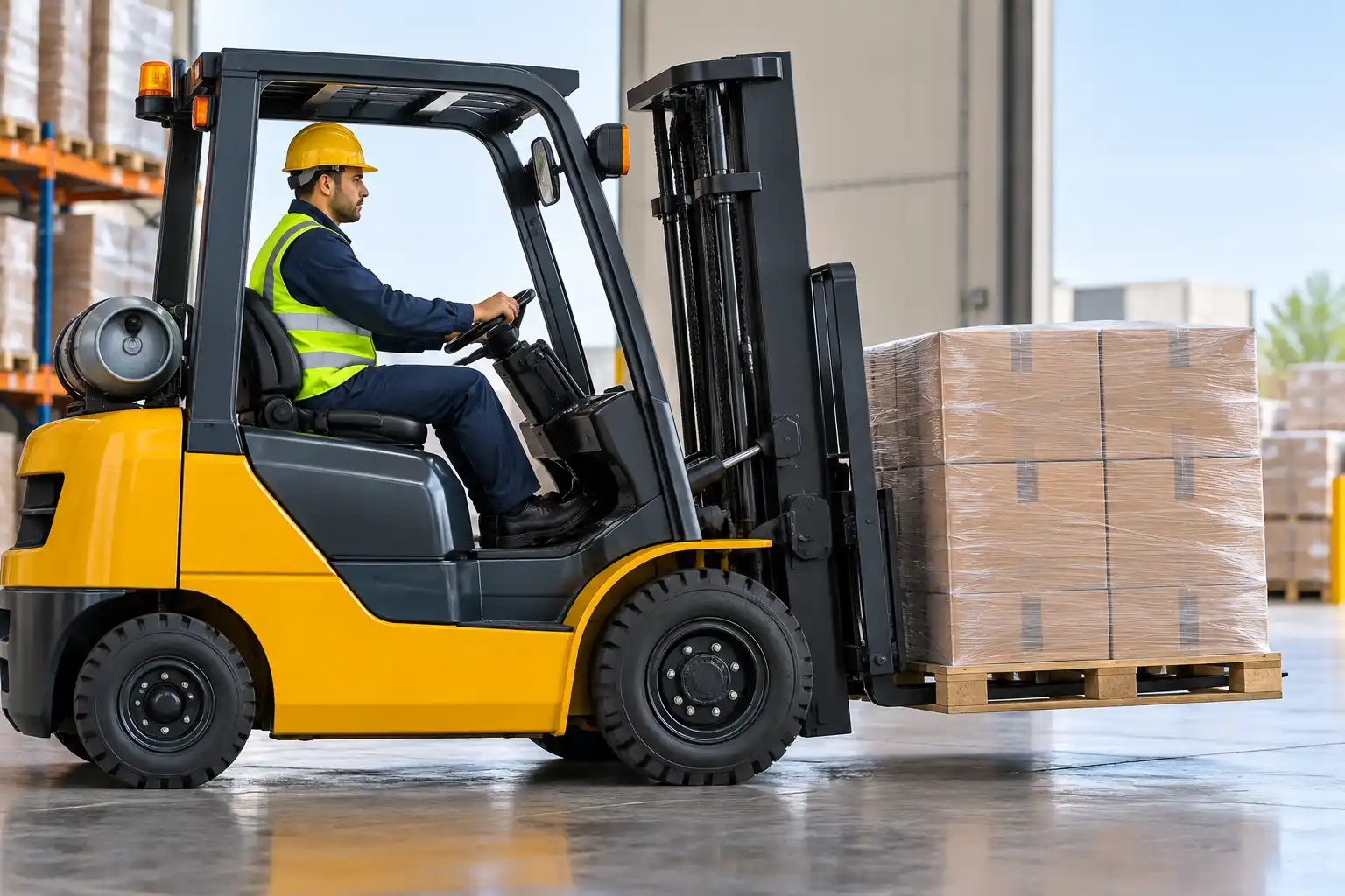Forklift carrying a load a few inches above the floor with mast tilted back
