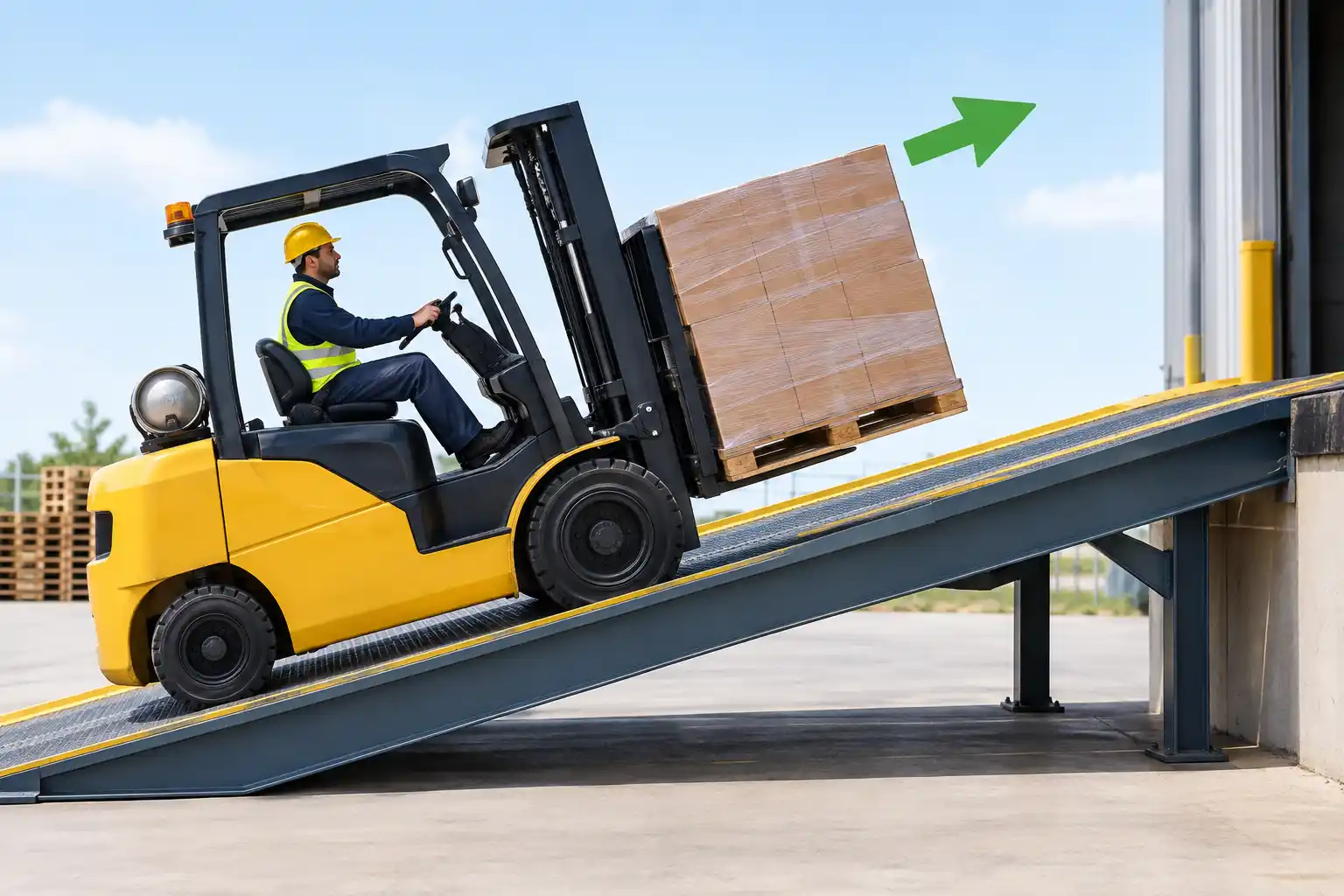 Forklift driving forward up a ramp with the load pointing uphill