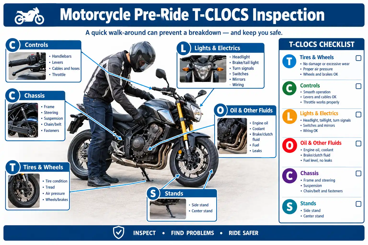Motorcycle pre-ride T-CLOCS inspection