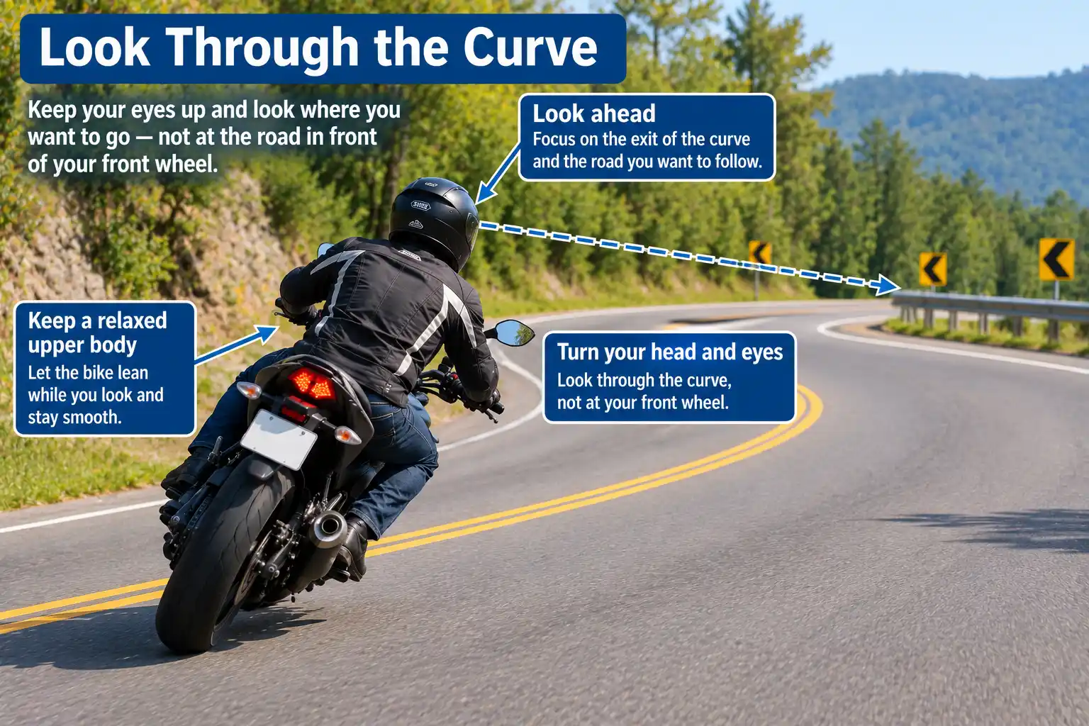 Motorcycle rider looking through a curve