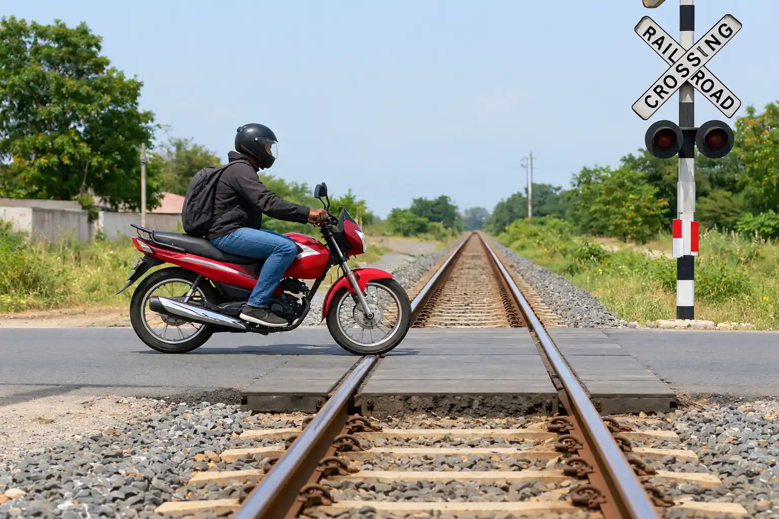 Motorcycle crossing railroad tracks at a right angle
