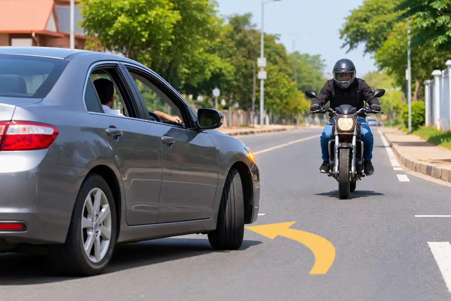 Car turning left in front of an oncoming motorcycle