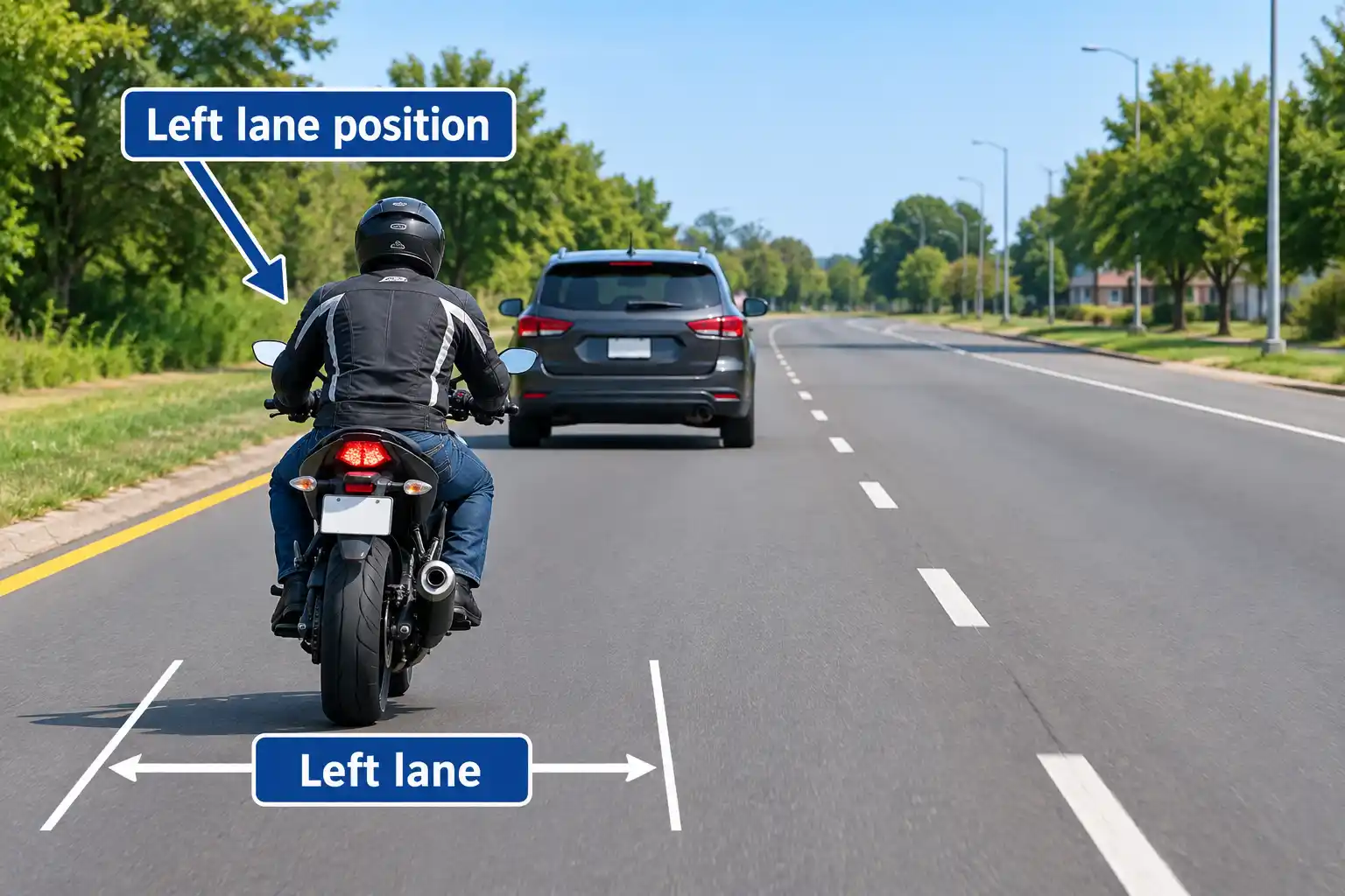 Motorcycle riding in left lane position behind a car