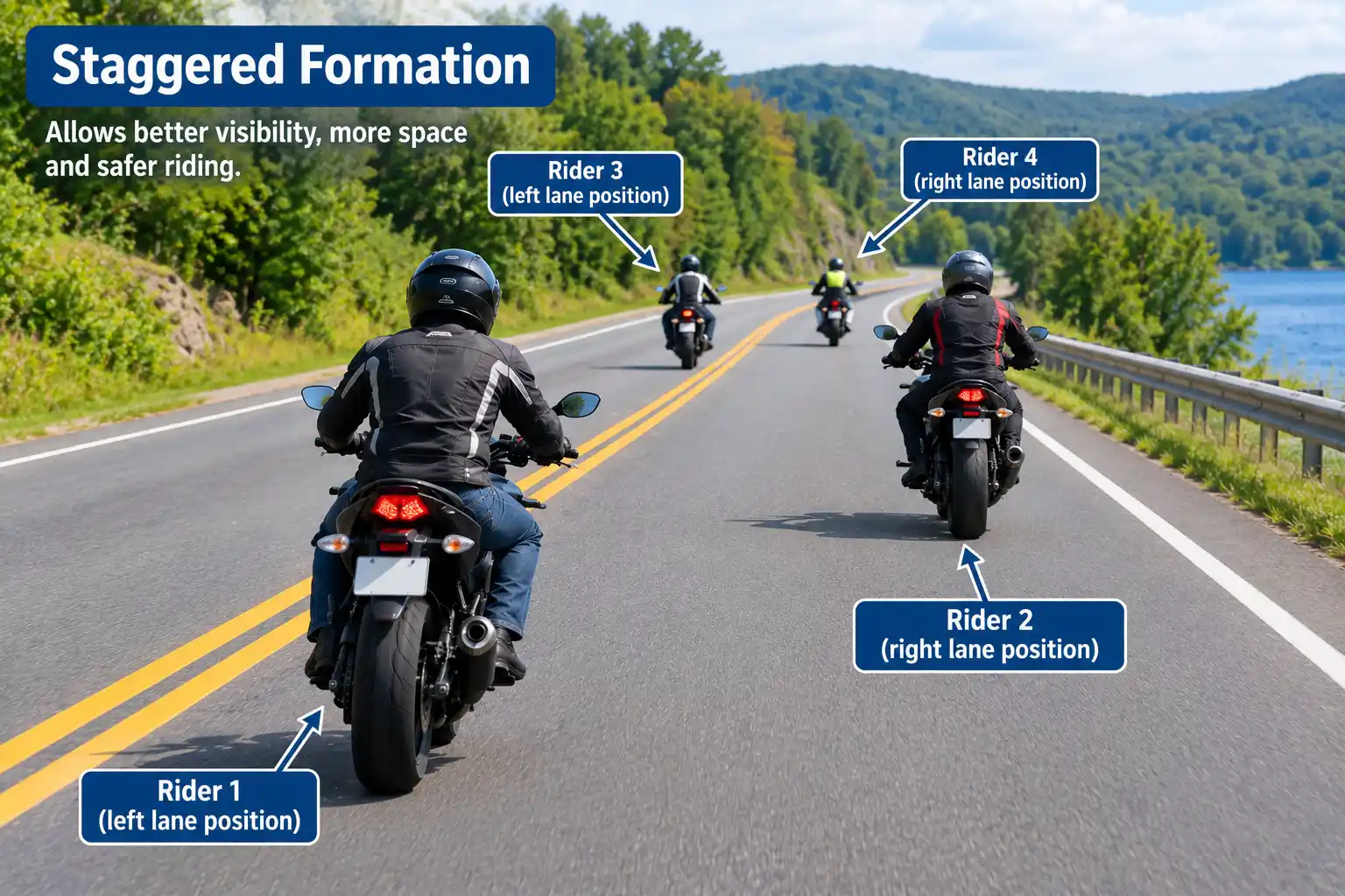 Motorcycles riding in staggered formation