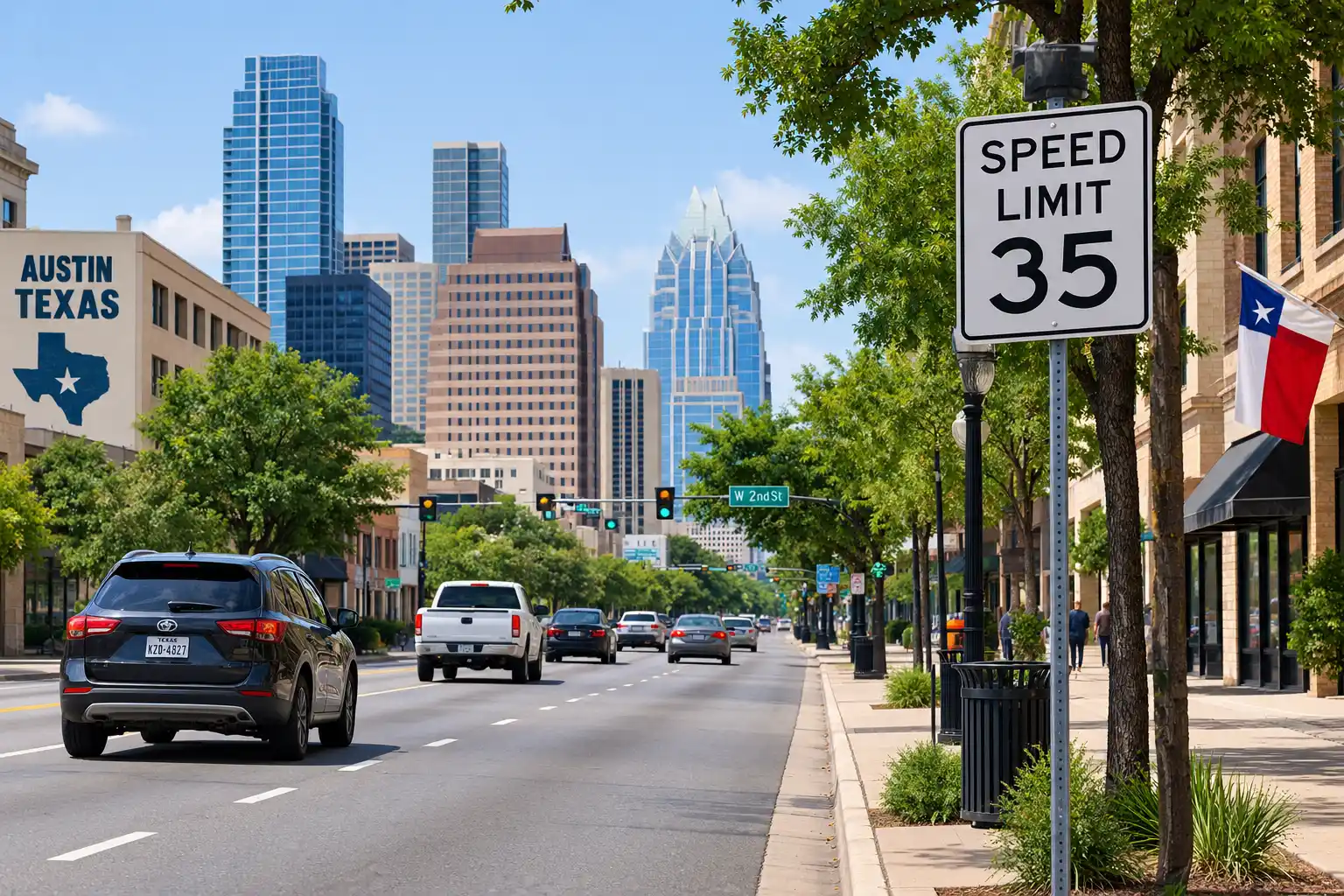 Urban district street in Texas with a posted speed limit sign