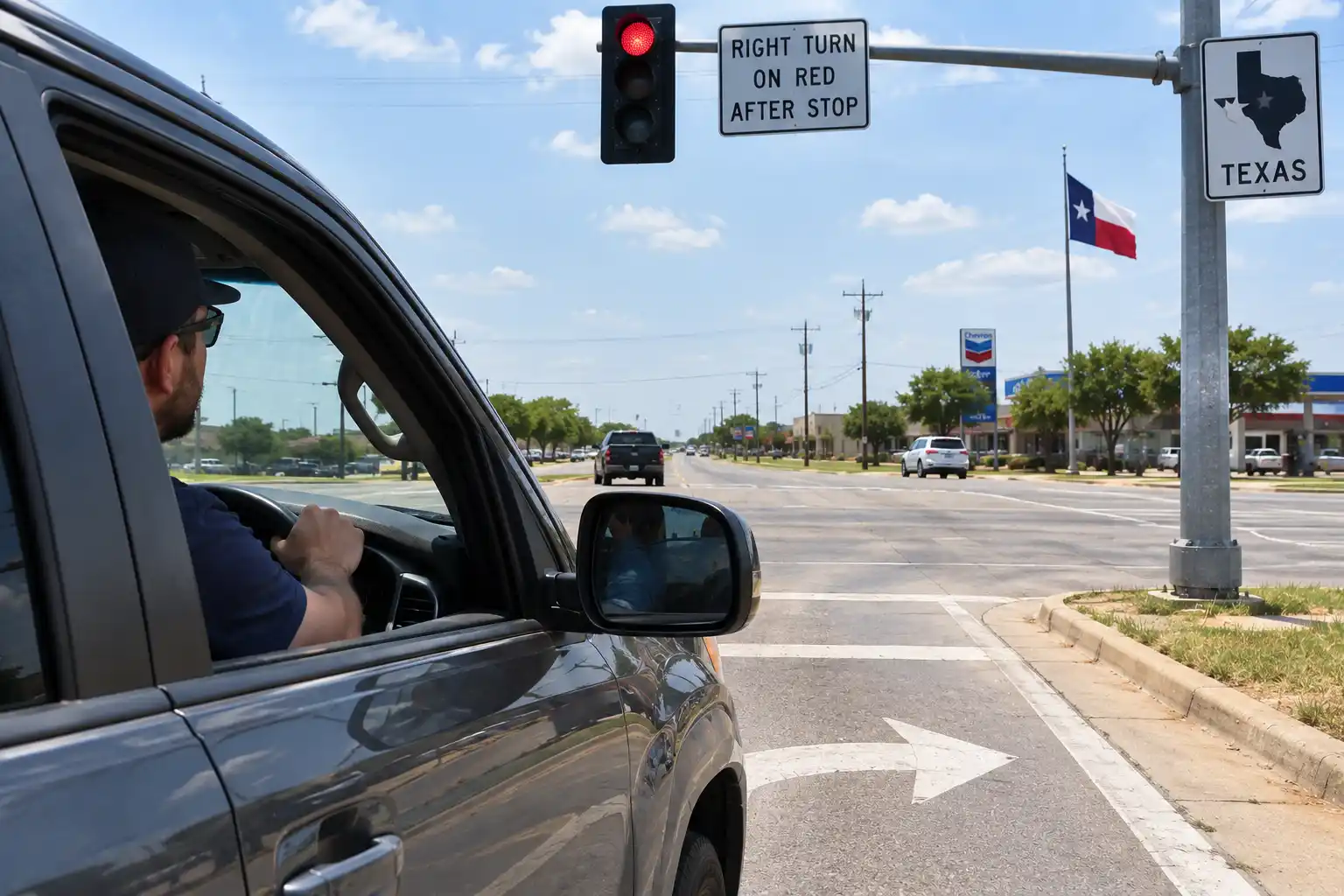 Driver making a right turn on red at a Texas intersection