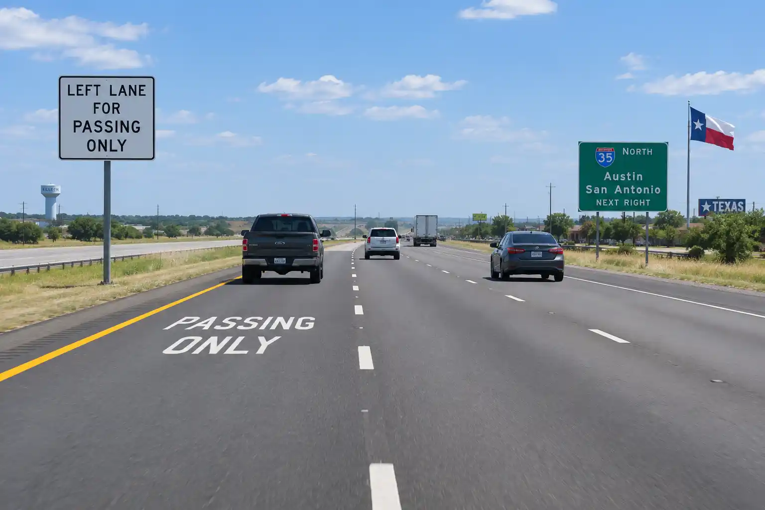 Multi-lane Texas highway with left lane marked for passing