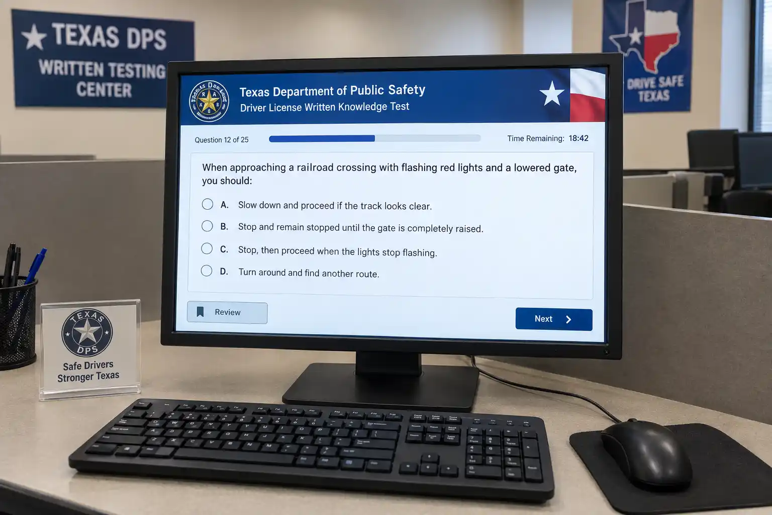 Texas DPS written knowledge test on a computer screen