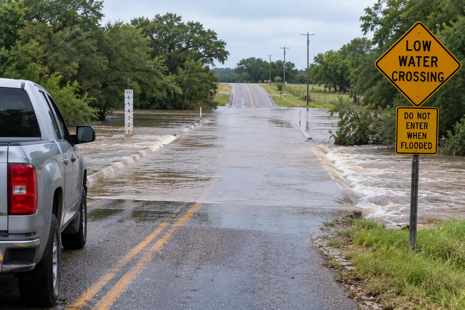 Flooded low-water crossing on a Texas country road