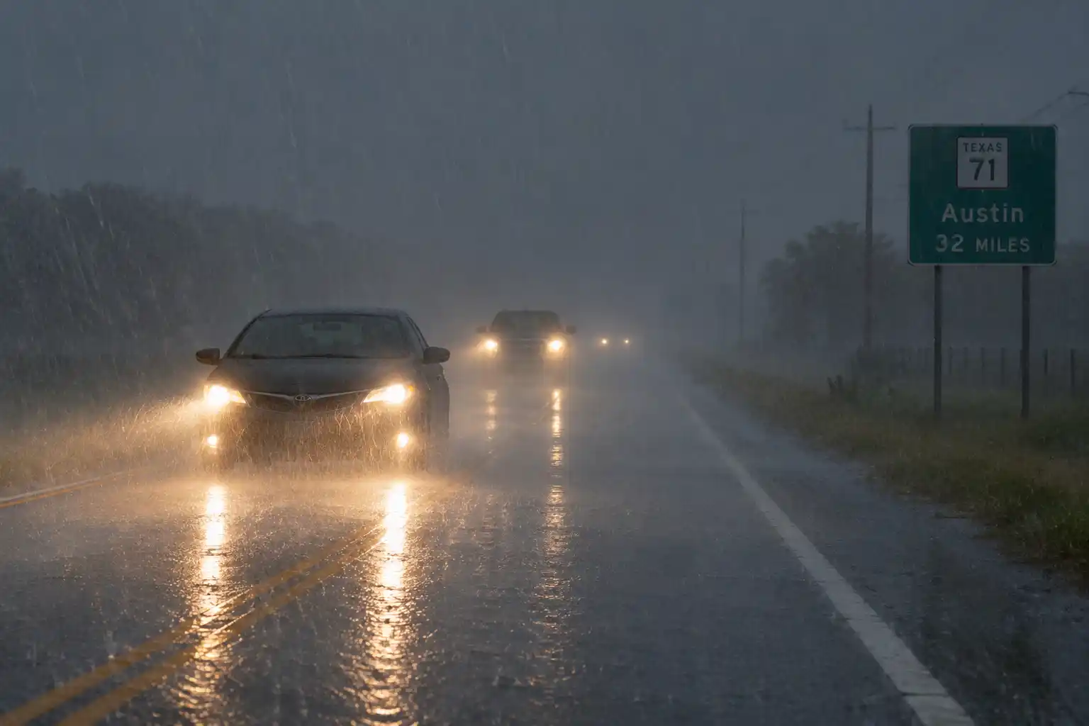Car headlights on during low visibility Texas rainstorm
