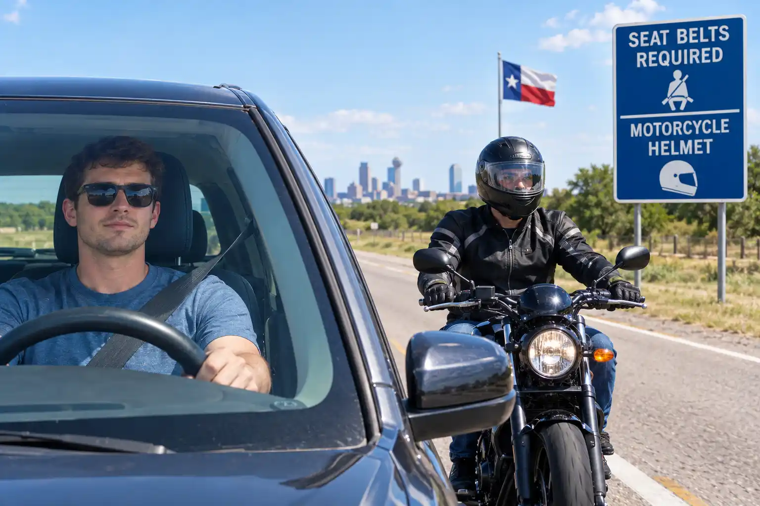 Seat belt and motorcycle helmet required by Texas law