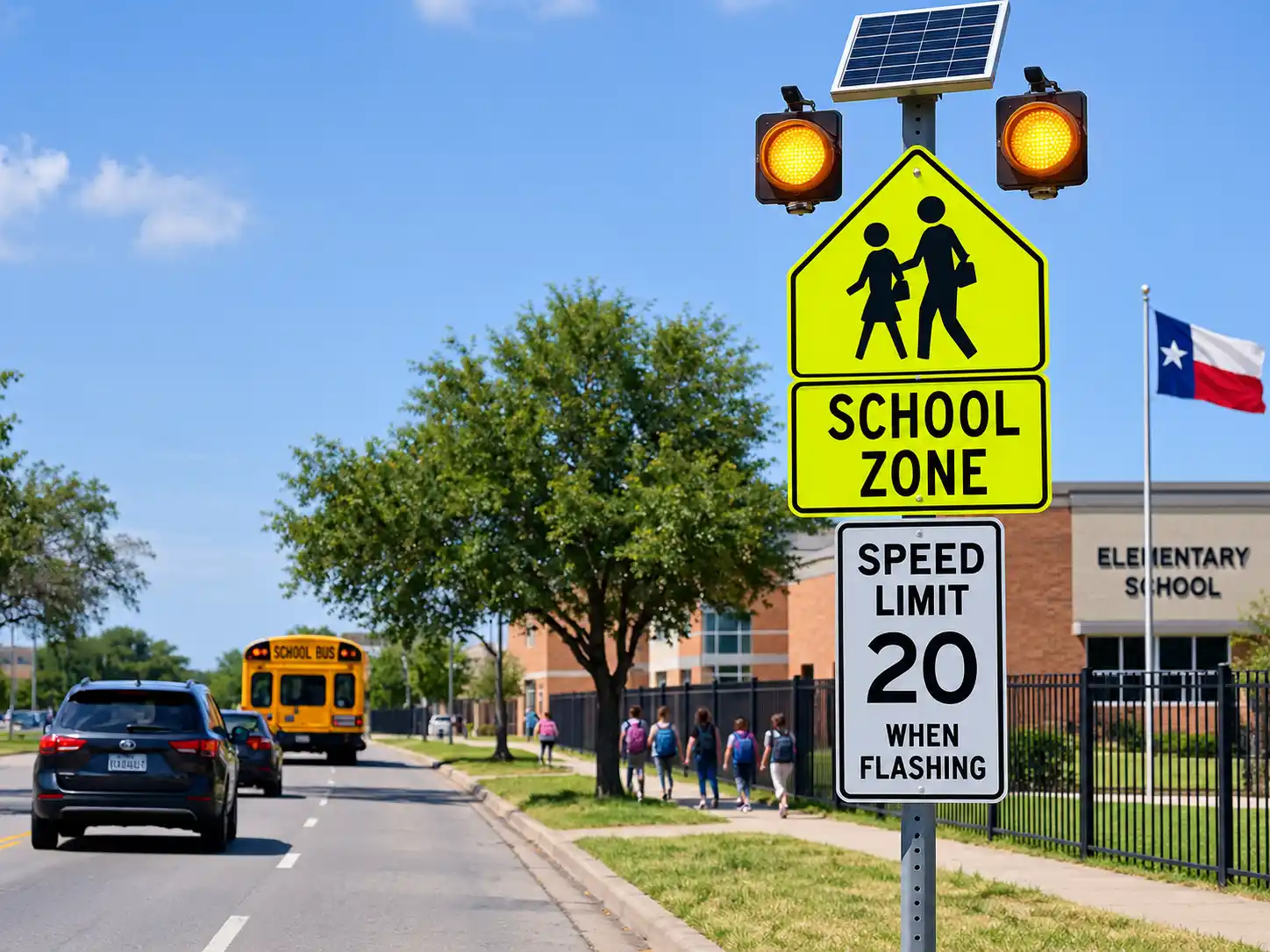 Texas school zone sign with flashing yellow lights