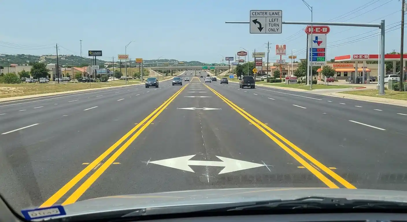 Two-way left turn only center lane on a Texas road