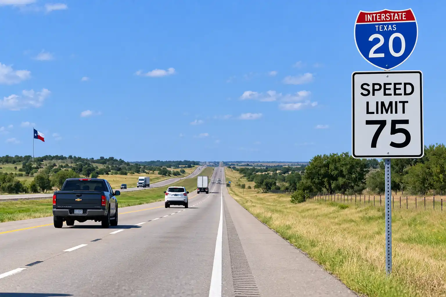 Rural Texas interstate highway with 75 mph speed limit sign