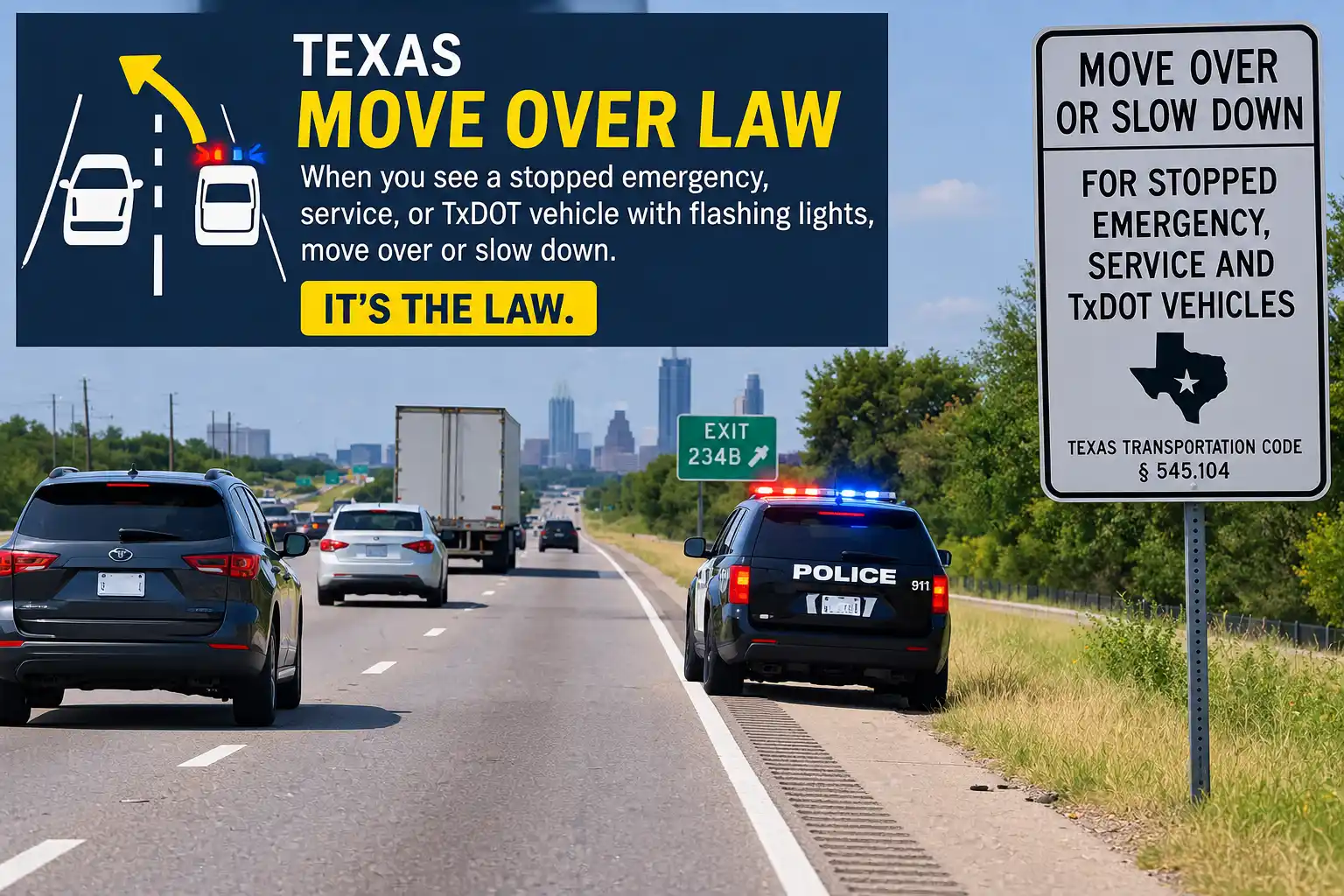 Texas Move Over law scene with stopped police vehicle on the shoulder