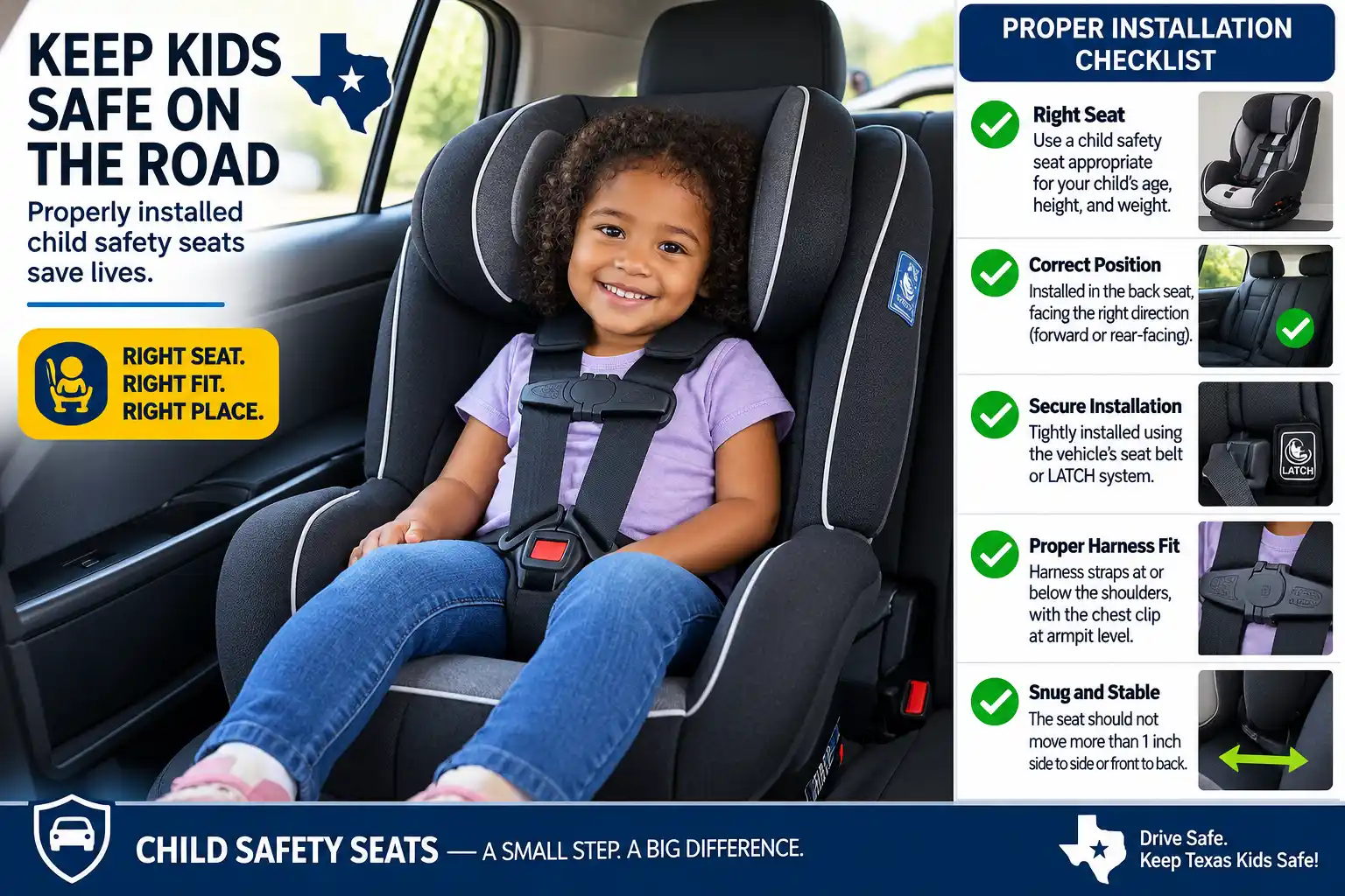 Child safety seat properly installed in a car