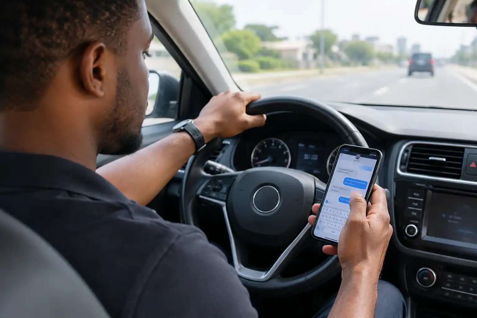 Driver holding a smartphone while behind the wheel
