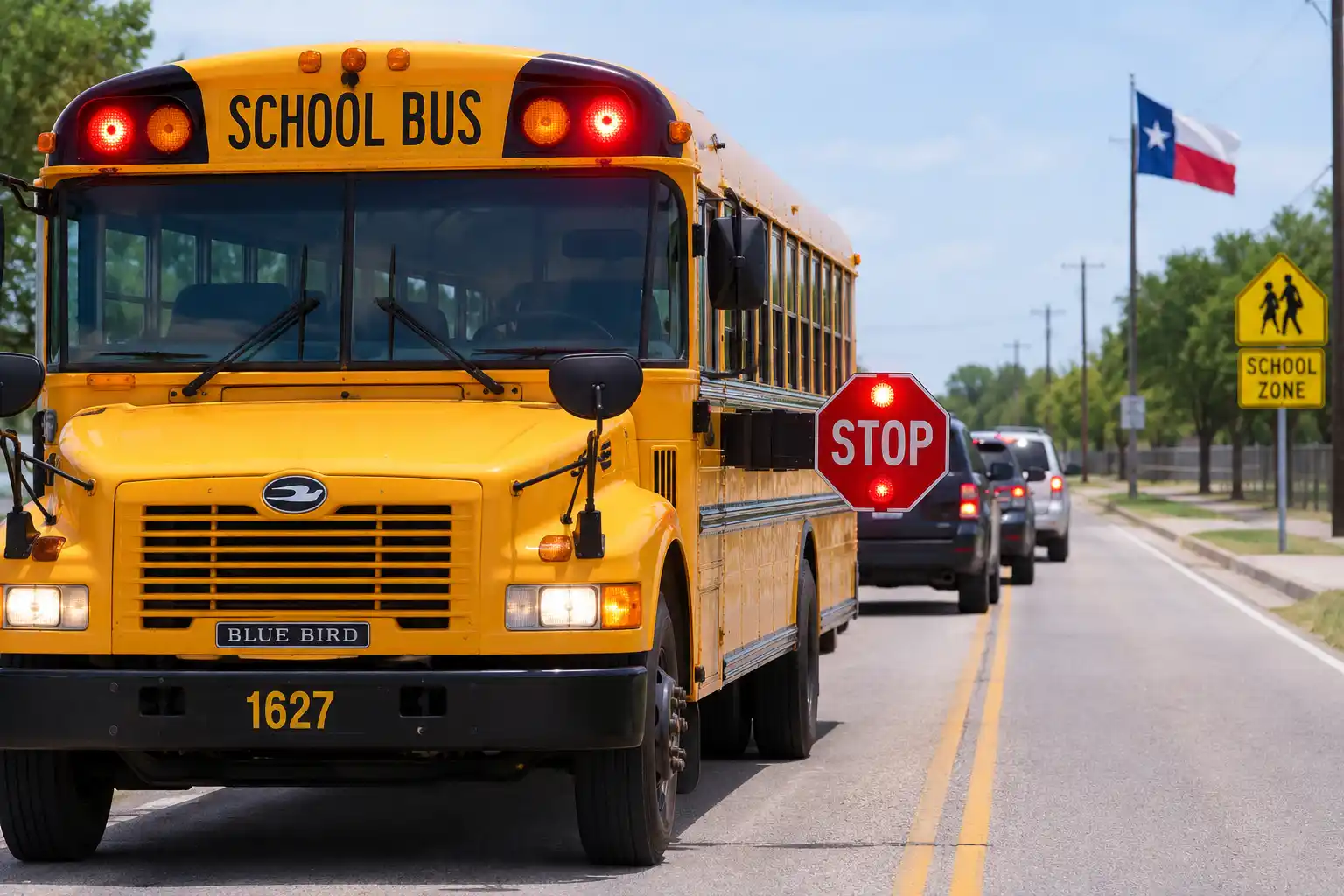 Texas school bus with flashing red lights and stop arm extended