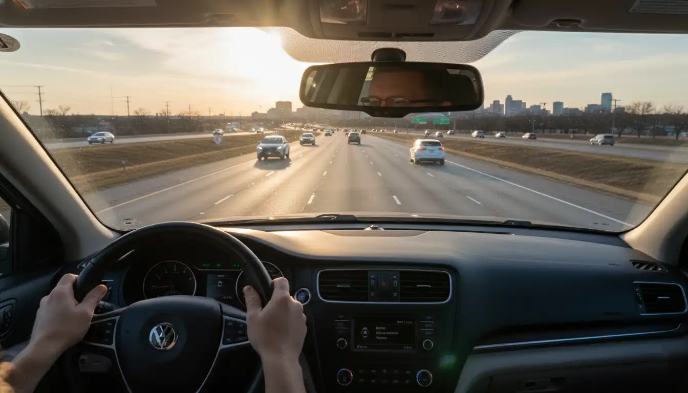 Driver with both hands on steering wheel