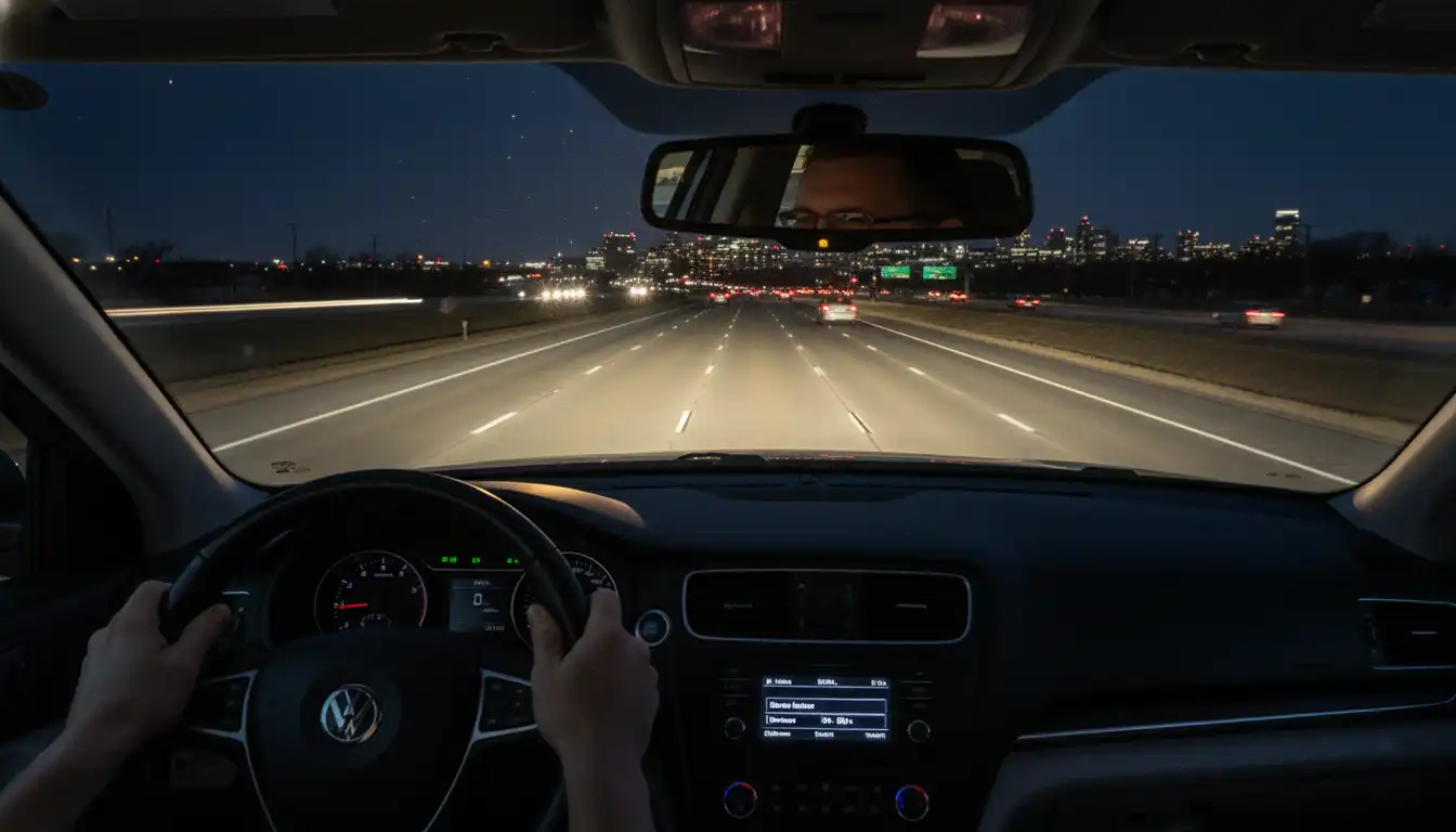 Night driving with low beam headlights illuminating road