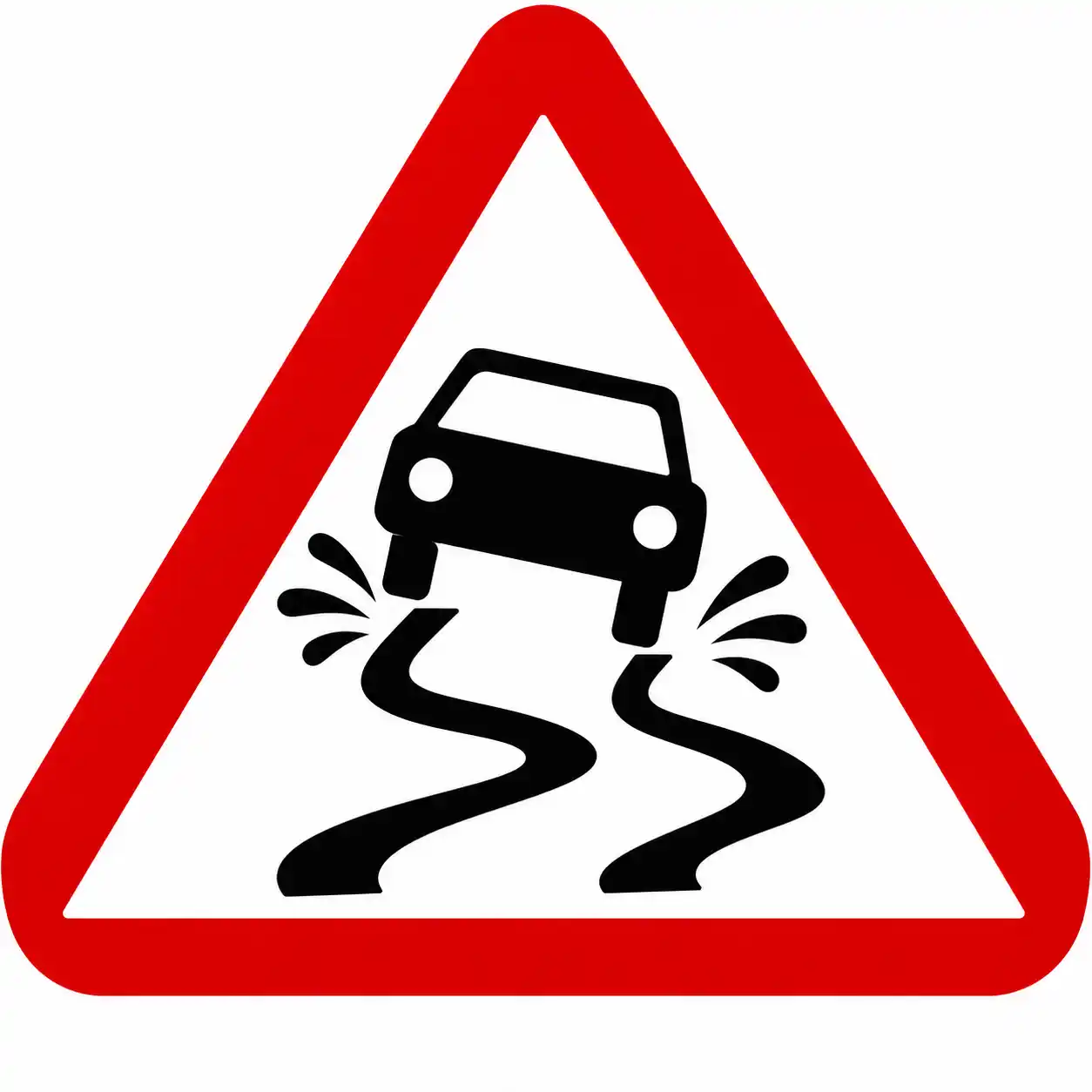 Slippery when wet warning sign with car and skid marks