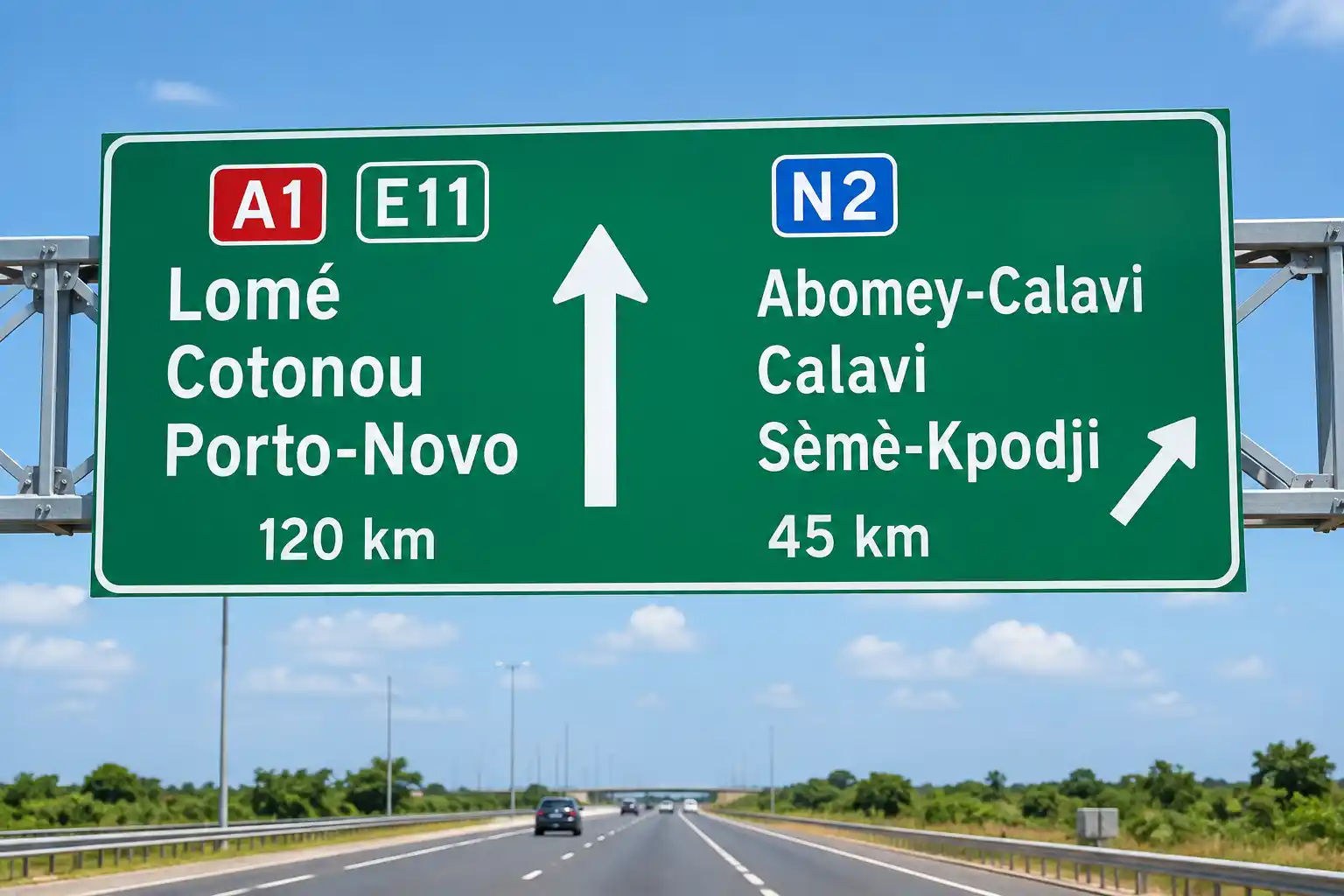 Green highway guide sign with destinations