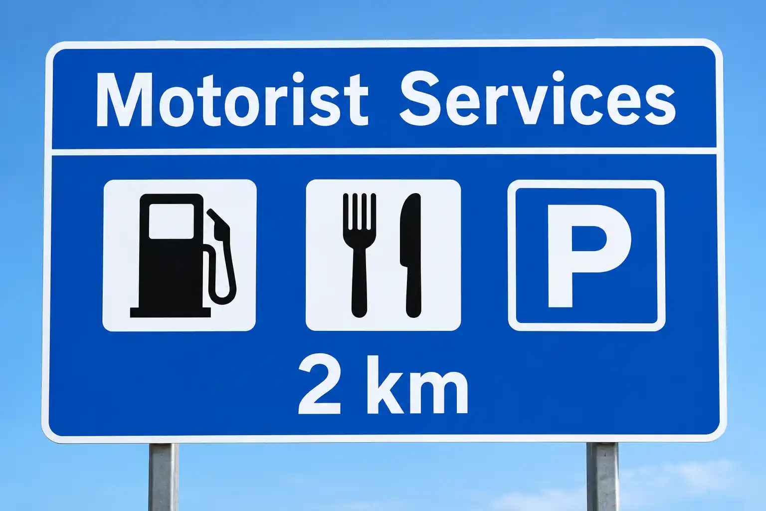 Blue motorist services sign with fuel and food icons