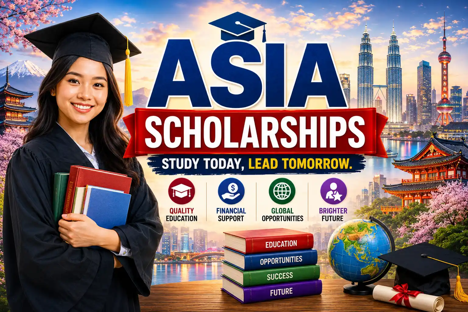 Asia scholarships hero image showing students and landmarks